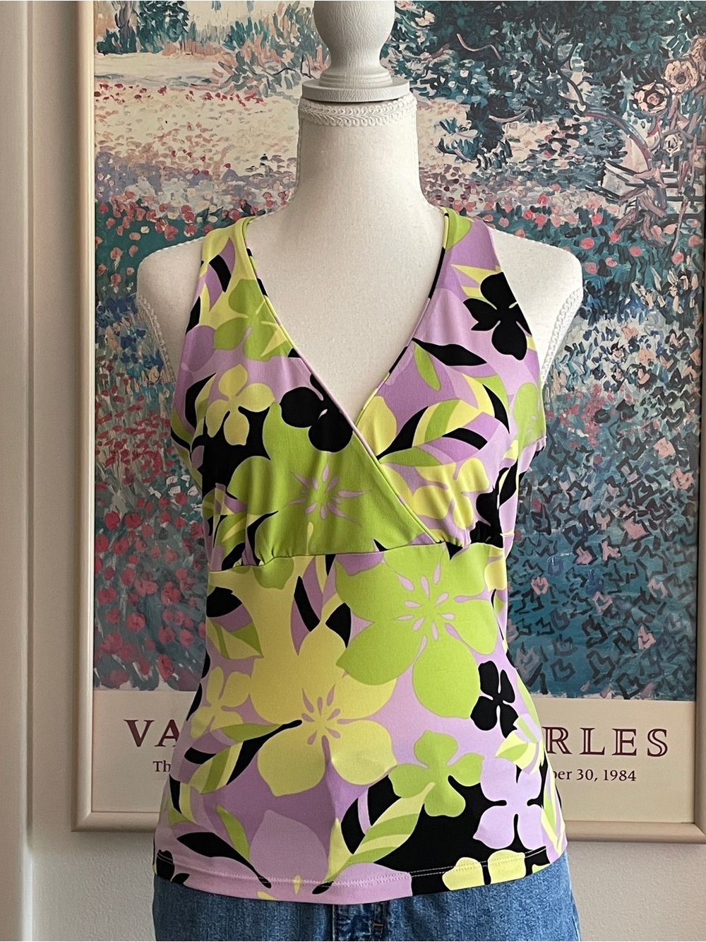 Y2K Floral Halter Top Medium Purple Green Wrap Front Fitted Boho Surf Beach INC